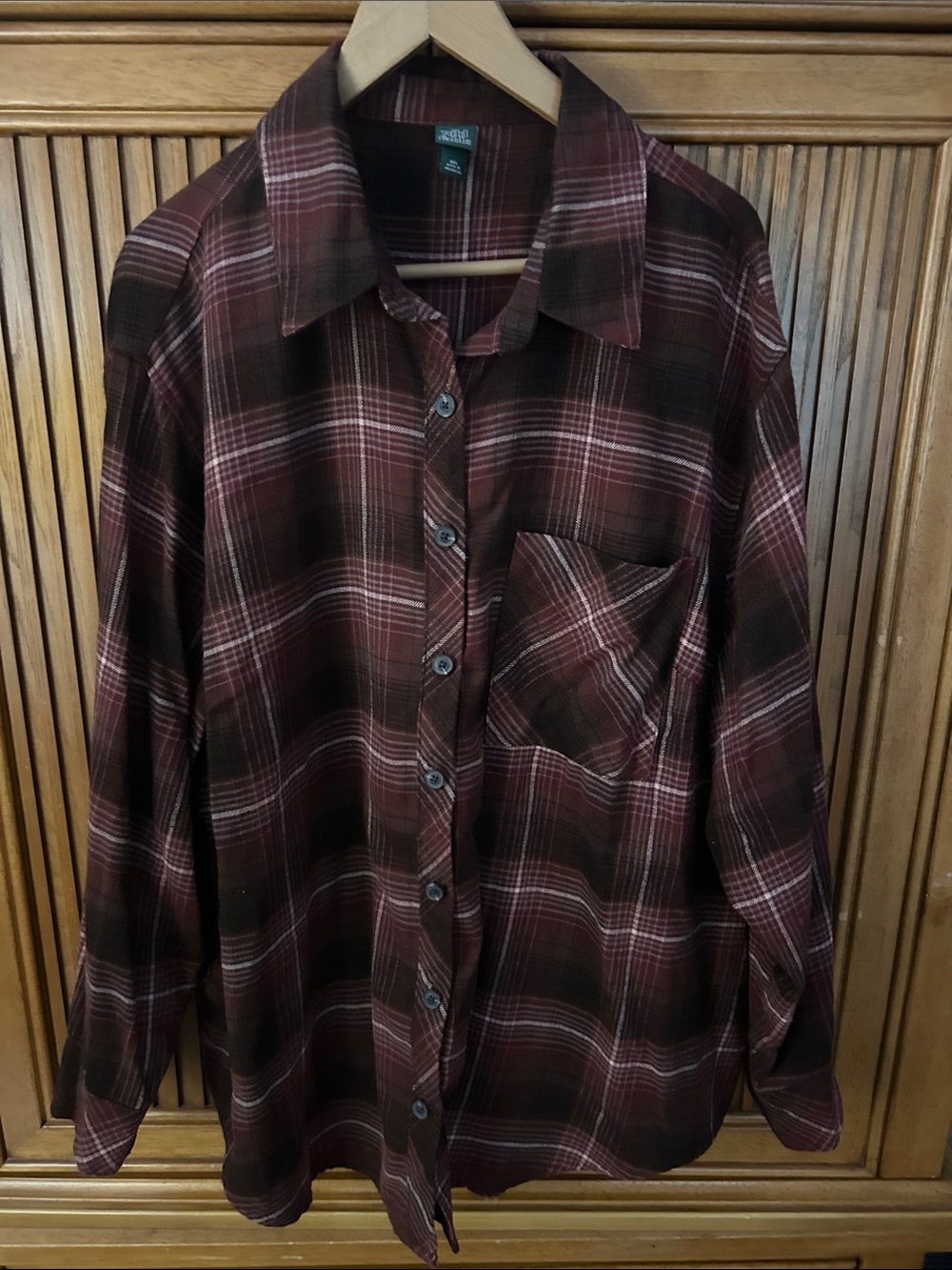 Women’s Oversized Burgundy and tan Plaid Button-Down Flannel Shirt